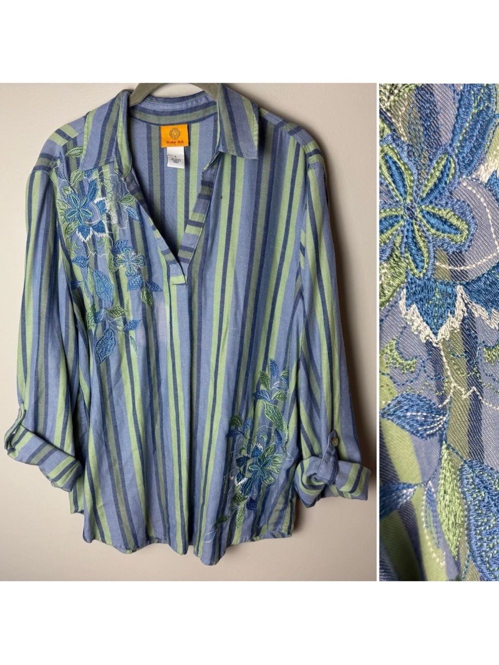 Ruby Rd. Blouse Size Large Top 3/4 Roll-Tab Sleeves Floral Embroidered Stripes